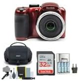 Kodak PIXPRO AZ255 Astro Zoom 16MP Digital Camera (Red) Bundle with Rapid AA/AAA Battery Charger with 4 AA 2700 Mah Rechargeable Batteries, 32GB UHS-I SDXC Memory Card, and Camera Bag (4 Items)