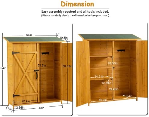 Outdoor Storage Cabinet- Garden Storage Shed- Lockable Wooden Storage Sheds Organizer for Home, Yard, Outdoor 56'L x 19.5'W x 64'H (Natural + Solid Wood)