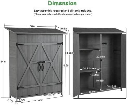 Outdoor Storage Cabinet- Garden Storage Shed- Lockable Wooden Storage Sheds Organizer for Home, Yard, Outdoor 56'L x 19.5'W x 64'H (Gray + Solid Wood)