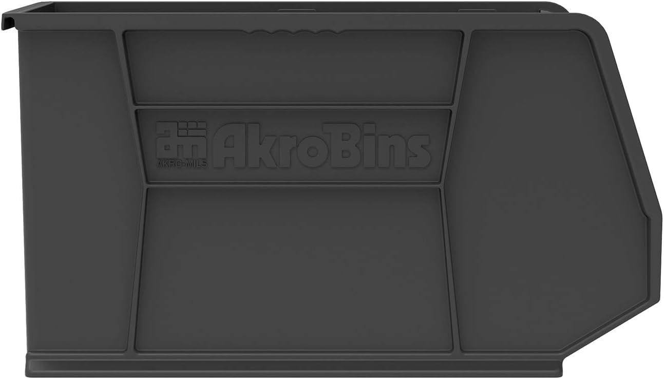 Akro-Mils 30265 AkroBins Plastic Storage Bins, Space-Saving Stackable Bins for Garage, Pantry, Craft Organization, 18-' x 8.25-' x 9-', Black, 6-Pack
