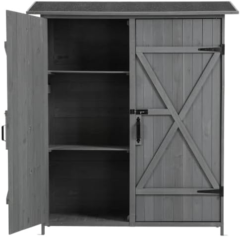 Outdoor Storage Cabinet- Garden Storage Shed- Lockable Wooden Storage Sheds Organizer for Home, Yard, Outdoor 56'L x 19.5'W x 64'H (Gray + Solid Wood)