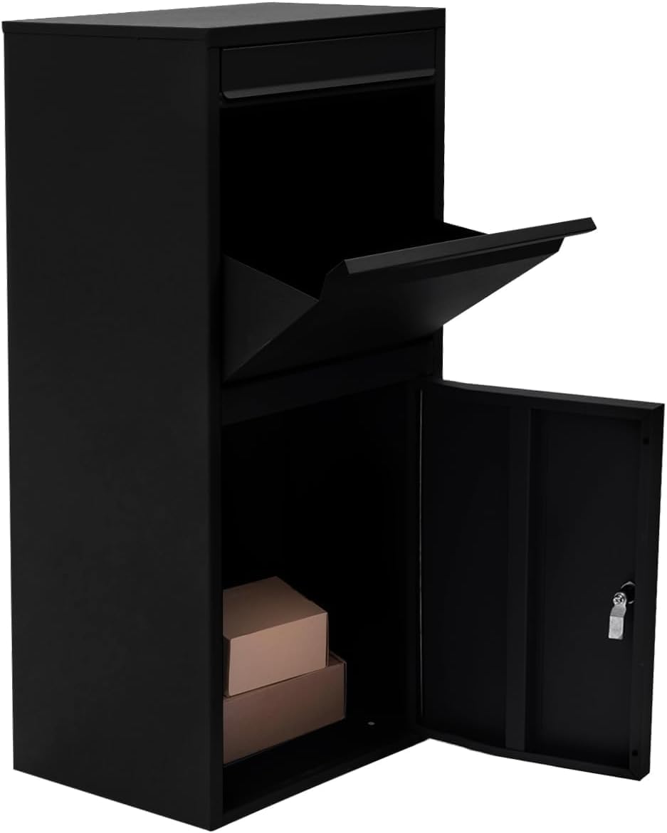 Black Mailboxes for Outside, Anti-Theft Galvanized Steel Large Package Delivery Boxes with Safety Lock, Adjustable Baffle Parcel Drop Box,Windproof and Rainproof Packages Box for front Porch