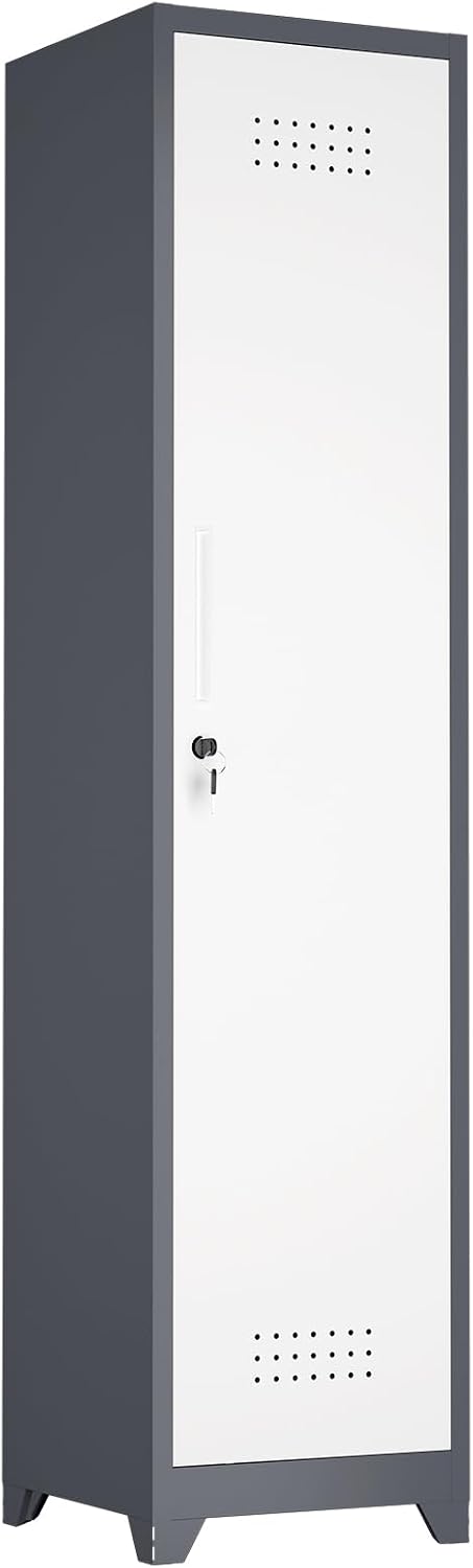 IRONFFICE Slim Cabinet,Narrow Broom Closet Storage Cabinets with Doors,Narrow Utility Closet with Hanging Rod,Slim Laundry Storage Cabinet for Garage,Living Room,Grey-White
