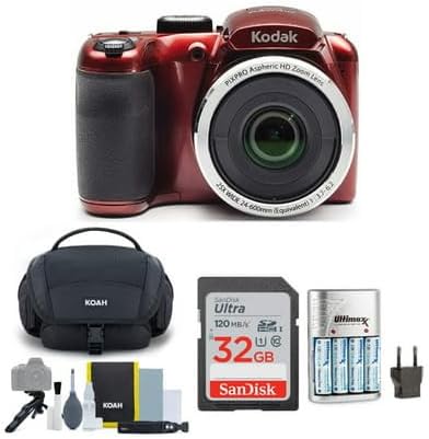 Kodak PIXPRO AZ255 Astro Zoom 16MP Digital Camera (Red) Bundle with Rapid AA/AAA Battery Charger with 4 AA 2700 Mah Rechargeable Batteries, 32GB UHS-I SDXC Memory Card, and Camera Bag (4 Items)