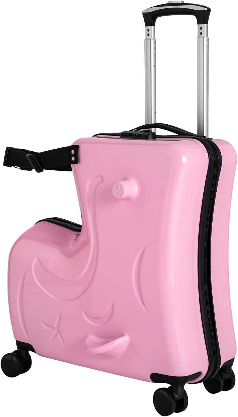 20Inch Kid Ride Suitcase, Portable Kids Travel Suitcase with Lock & Safety Belt, Floor Standing Children's Travel Trolley Case, Ride On Suitcase for Kids Aged 3-6 Years Old