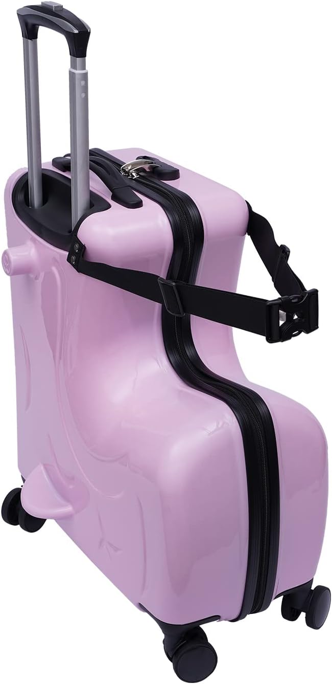 20 Inch Kid Ride-On Trolley Case, Double-Row Universal Wheels Pink Kids Luggage with 3-Digit Lock & Safety Belt for Kids Aged 3-6, Airplane Travel Compatible