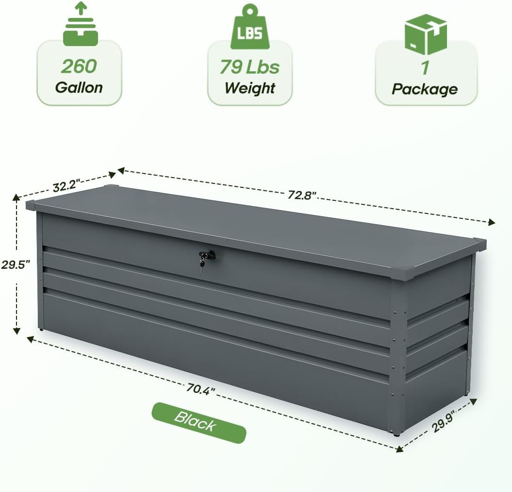 260 Gallon Metal Deck Box Waterproof, Extra Large Outdoor Stroage Box Weatherproof with Lid for Patio Cushions, Garden Tools, Pool Supplies, Black
