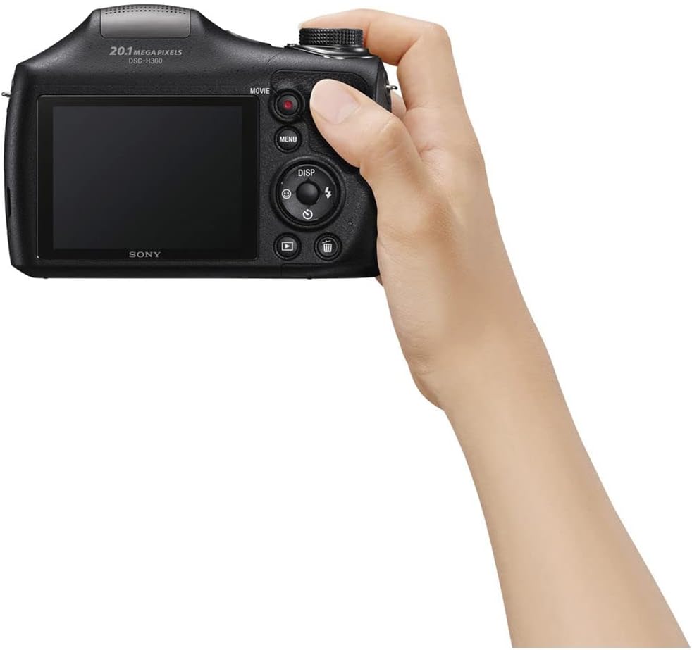 Sony Cyber-Shot DSC-H300 Digital Camera (Black) (DSCH300/B) + 2 x 64GB Memory Card + Card Reader + Photo Software + Case + Flex Tripod + 4xAA Batteries + Memory Wallet + Cleaning Kit (Renewed)