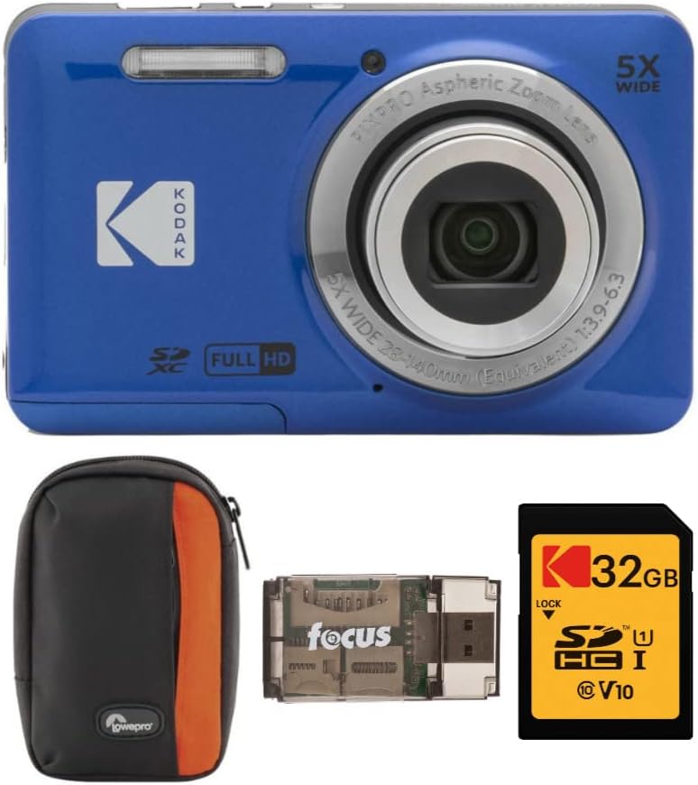Kodak PIXPRO Friendly Zoom FZ55 Digital Camera (Blue) Bundle with Camera Case, 32GB Class 10 UHS-I U1 SDHC Memory Card and USB 2.0 Card Reader (4 Items)