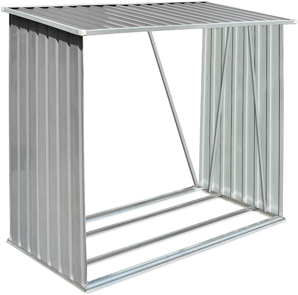 vidaXL Firewood Rack, Log Holder with Roof, Log Storage, Firewood Stand for Outdoor Backyard Garden Patio Porch, Gray Galvanized Steel 64.2'