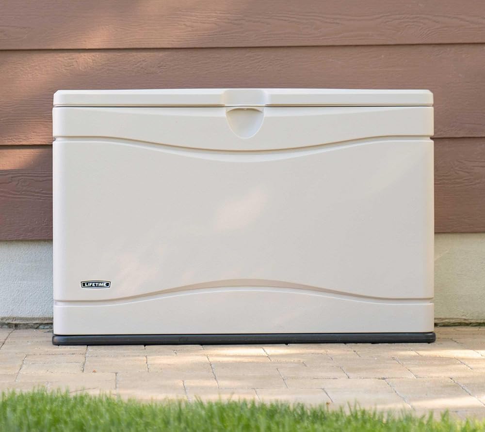 LIFETIME 60059 Black Bottom & Desert (Tan) Sides and Lid Outdoor Storage Box-80 Gal, 80 Gallon, Desert Sand
