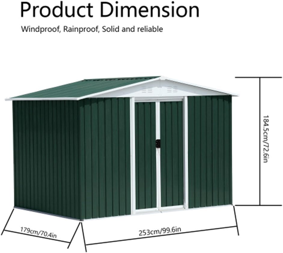 8' x 6' Outdoor Metal Storage Shed Outdoor Shed Galvanized Steel Garden Shed with Sliding Door and Window for Ventilation Storage Sheds House for Backyard Garden（Green）