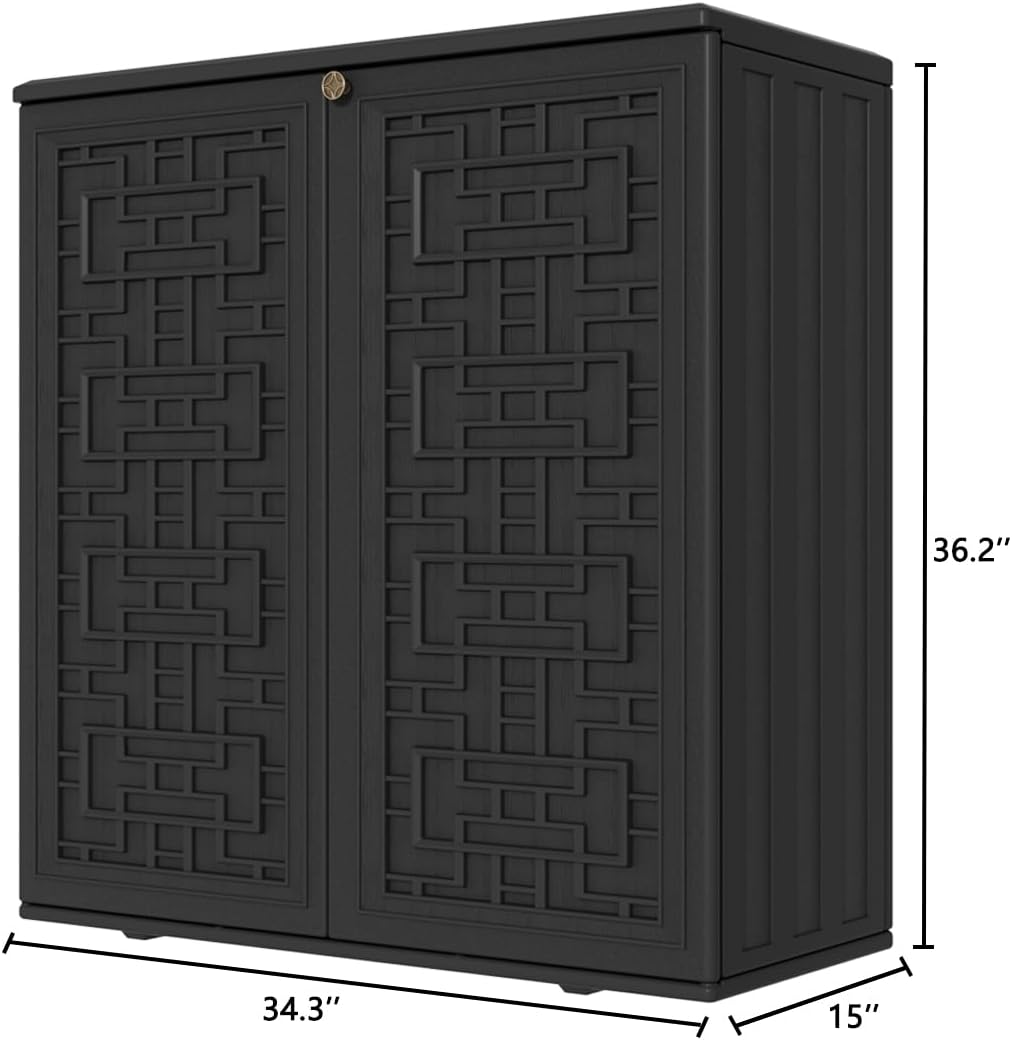 KINYING Outdoor Storage Cabinet Waterproof, Resin 62 Gallon Deck Box for Patio Furniture Cushions, Garden Tools, Pool Tools and Kids' Toys (Black with 1 Shelving)