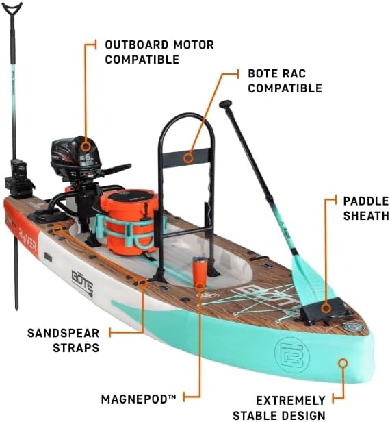 BOTE Rover Aero 12 FT 6 in Inflatable Micro Skiff, Blow up SUP for Adults Kids Family Friendly, APEX Pedal Drive & HP Motor Compatible Multiple Colors