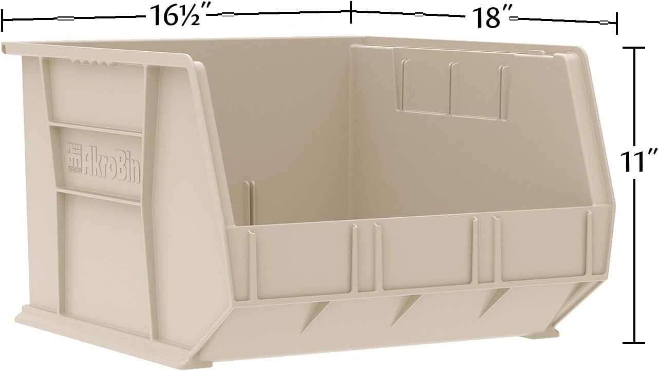 Akro-Mils 30270 AkroBins Plastic Storage Bins, Space-Saving Stackable Bins for Garage, Pantry, Craft Organization, 18' x 16' x 11', Stone, 3-Pack