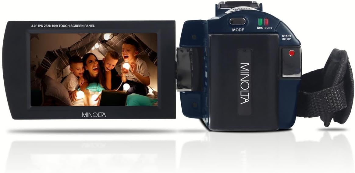 Minolta Camcorder - 4K Ultra HD, 30MP Photos, Night Vision with IR LEDs, 16X Zoom, Time-Lapse, Anti-Shake, 3' Touchscreen, HDMI USB Output, SD Slot, CMOS Sensor (Blue)