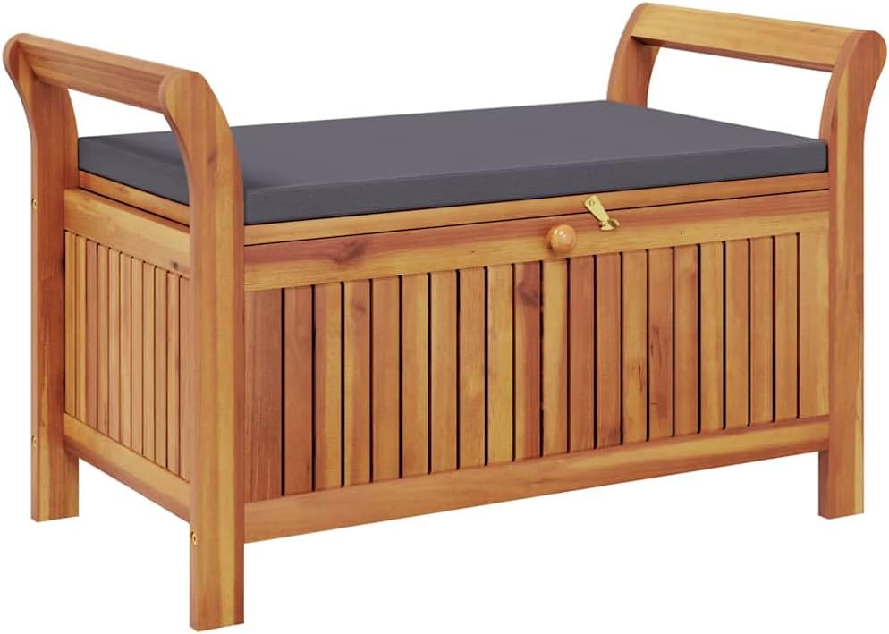 vidaXL Garden Storage Bench, Solid Acacia Wood, Gray Cushion Included, Classic Outdoor Design, Patio & Garden Seating, 35.8' x 19.7' x 23.6', Patio & Deck Organizer, Durable Wooden Furniture