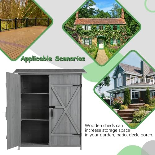 Outdoor Storage Cabinet- Garden Storage Shed- Lockable Wooden Storage Sheds Organizer for Home, Yard, Outdoor 56'L x 19.5'W x 64'H (Gray + Solid Wood)