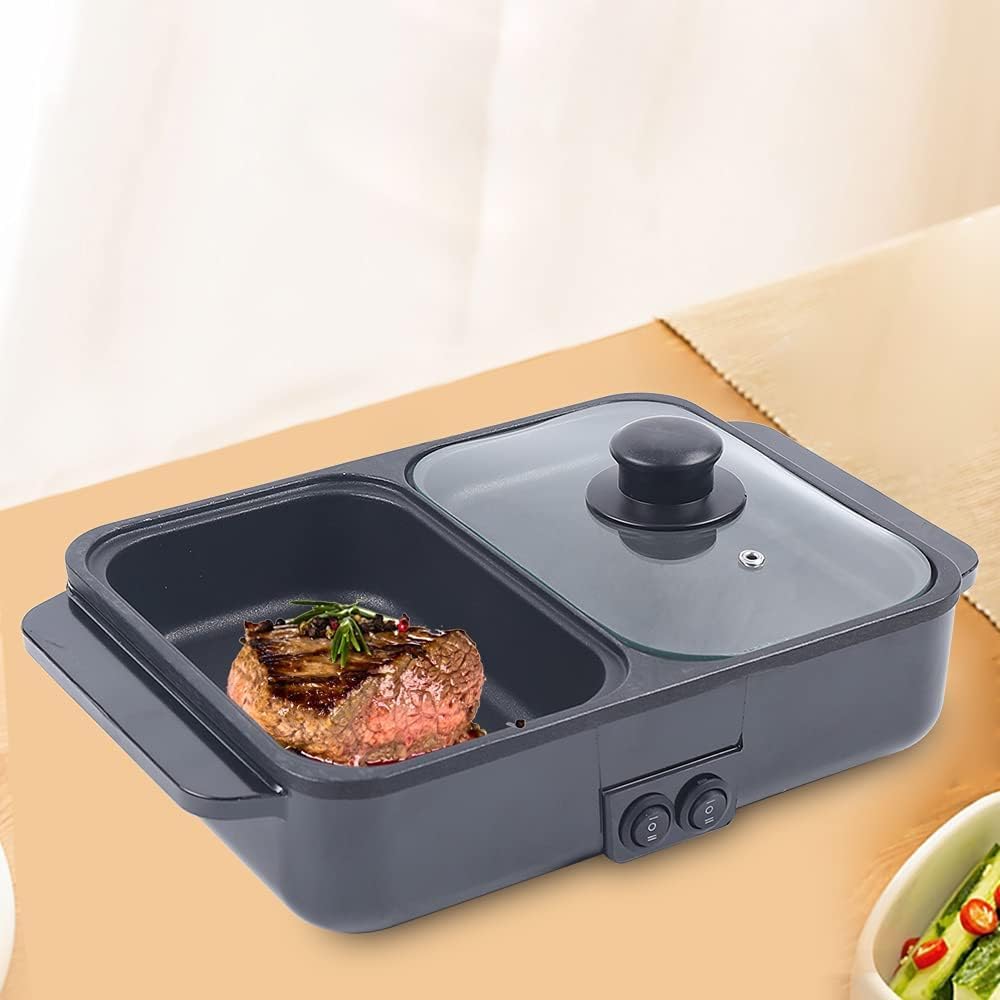 Hot Pot Electric Grill 2 in 1 Indoor Non-Stick Smokeless Grill with Dual Temperature Control, Portable Multifunctional for Korean BBQ, Serves 1-4 People