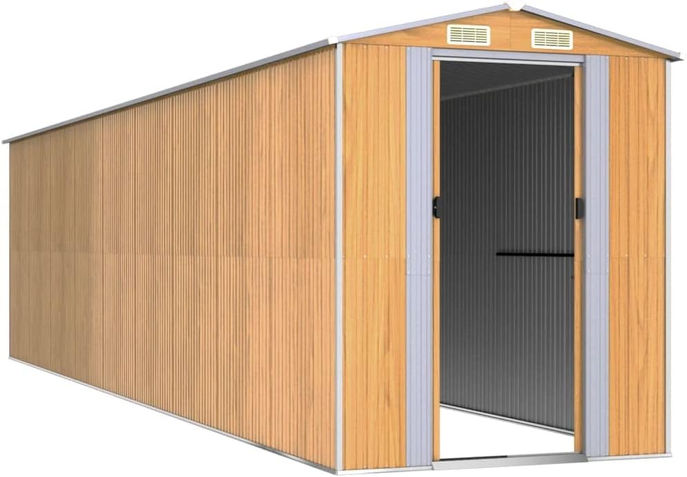 vidaXL Spacious Galvanized Steel Garden Shed, Light Brown - Durable Outdoor Equipment Storage Solution with Excellent Ventilation and Easy Entry Double Sliding Doors - 75.6'x303.9'x87.8'