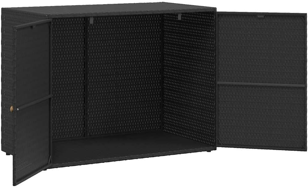 vidaXL Garden Storage Cabinet, Outdoor Tool Chest, Black Poly Rattan with Solid Acacia Wood Door Knobs, Powder-Coated Steel Frame, Weather-Resistant Design, 39.4'x21.9'x31.5'