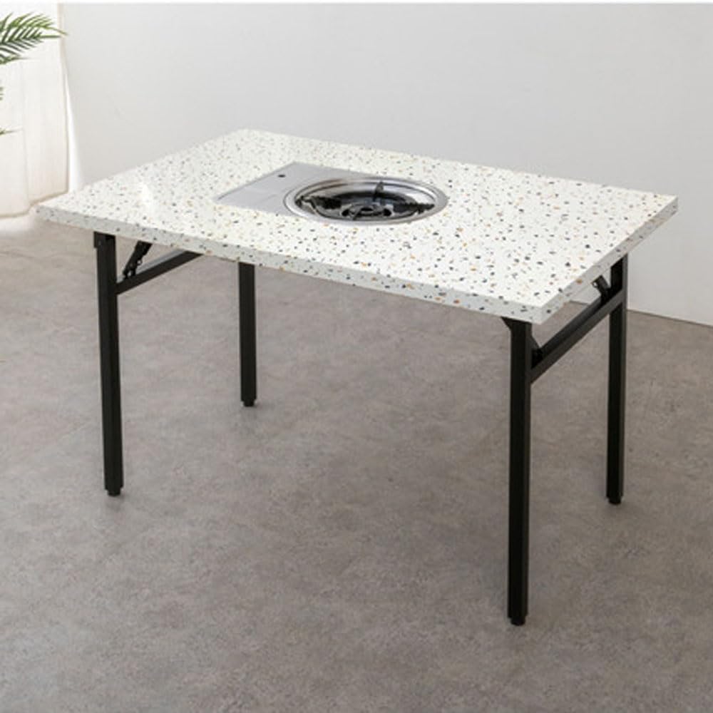 Korean BBQ Grill Table for Home – Portable Folding Indoor Outdoor Grill Table with Built-in Gas Grill for Dining and Cooking (Terrazo- L Size)