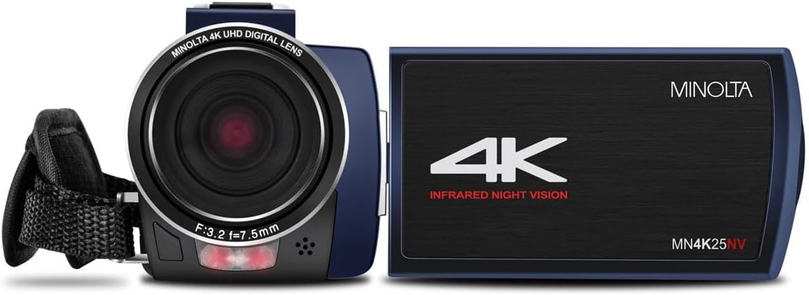 Minolta Camcorder - 4K Ultra HD, 30MP Photos, Night Vision with IR LEDs, 16X Zoom, Time-Lapse, Anti-Shake, 3' Touchscreen, HDMI USB Output, SD Slot, CMOS Sensor (Blue)