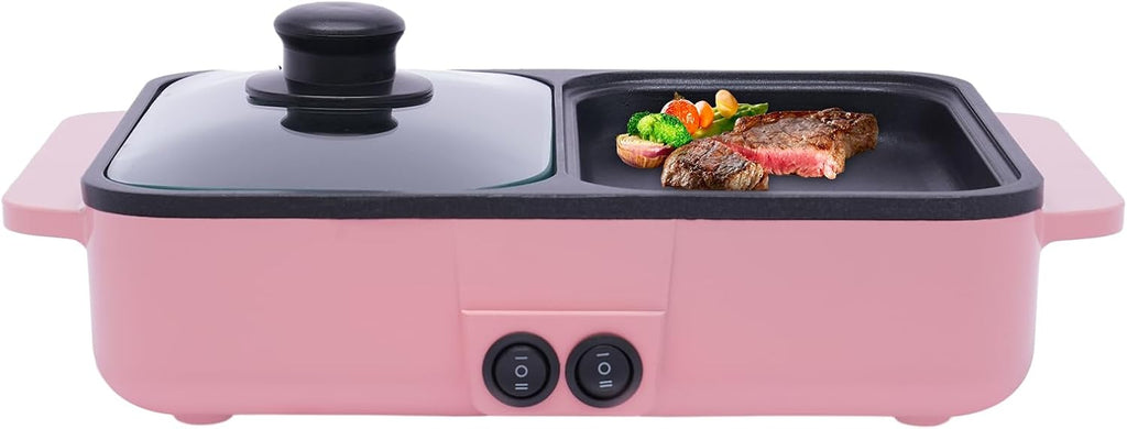 2 in 1 Portable Electric Indoor Nonstick Grill for Steaks, Shabu Shabu, Noodles, Simmer and Fry, Korean BBQ Grill Mini Shabu Shabu Hot Pot BBQ Grill Kitchen Smokeless Shabu Cooking Pan