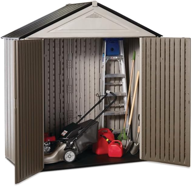 Rubbermaid Resin Outdoor Storage Shed With Floor (7 x 3.5 Ft.) Weather Resistant Brown/Grey Organization for Home/Lawn Mower/Backyard Equipment/Bike Storage/Pool Supplies