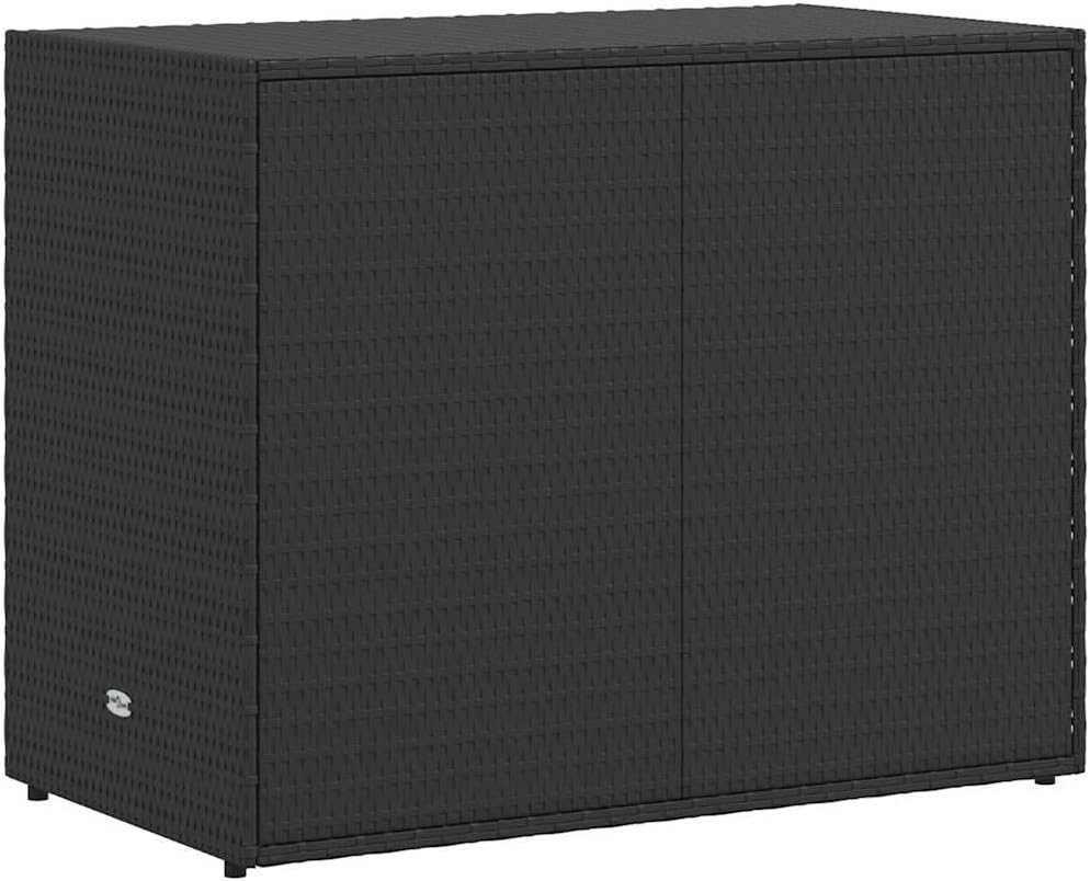 vidaXL Garden Storage Cabinet, Outdoor Tool Chest, Black Poly Rattan with Solid Acacia Wood Door Knobs, Powder-Coated Steel Frame, Weather-Resistant Design, 39.4'x21.9'x31.5'
