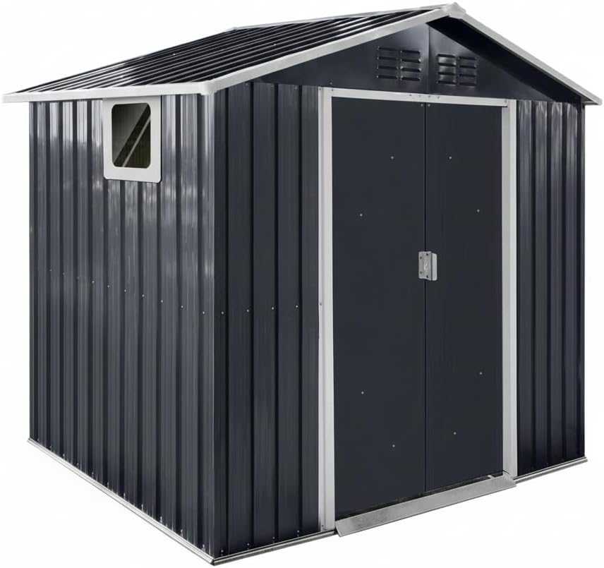 YOPTO 7x4.3 FT Metal Garden Sheds with Window,Outdoor Heavy-Duty Steel Storager Tool Shed W/Sliding Door and Punched Vents,Waterproof Building Organizer for Storing Motorcycle,Bicycles,Grey