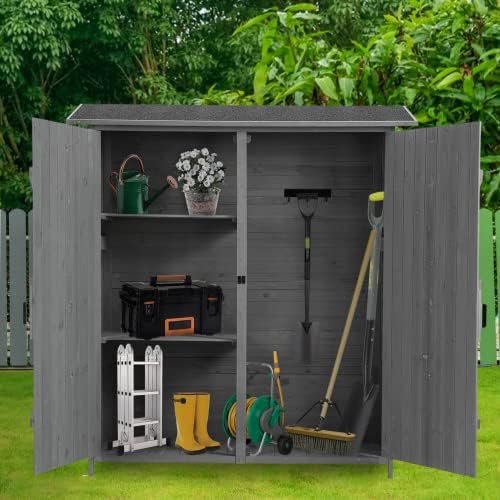 Outdoor Storage Cabinet- Garden Storage Shed- Lockable Wooden Storage Sheds Organizer for Home, Yard, Outdoor 56'L x 19.5'W x 64'H (Gray + Solid Wood)