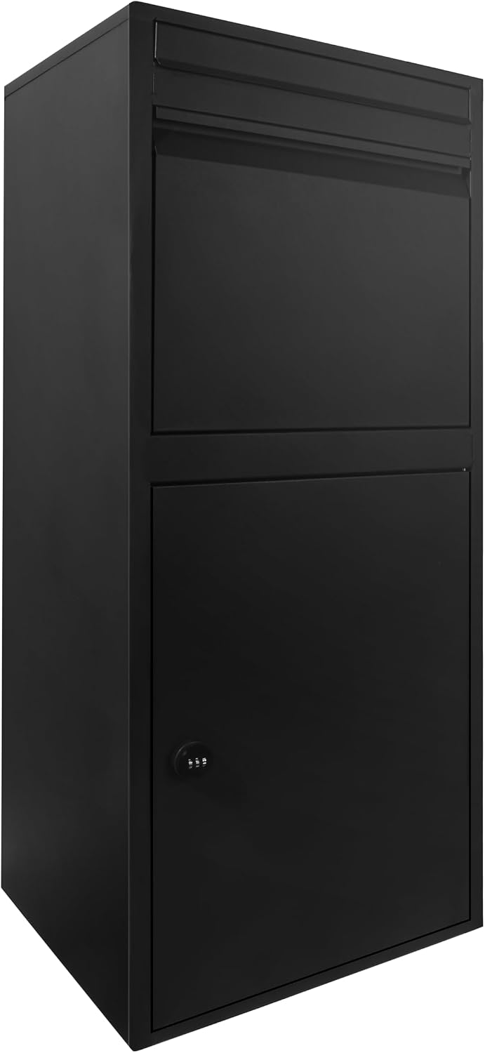 Black Mailboxes for Outside, Anti-Theft Galvanized Steel Large Package Delivery Boxes with Safety Lock, Adjustable Baffle Parcel Drop Box,Windproof and Rainproof Packages Box for front Porch