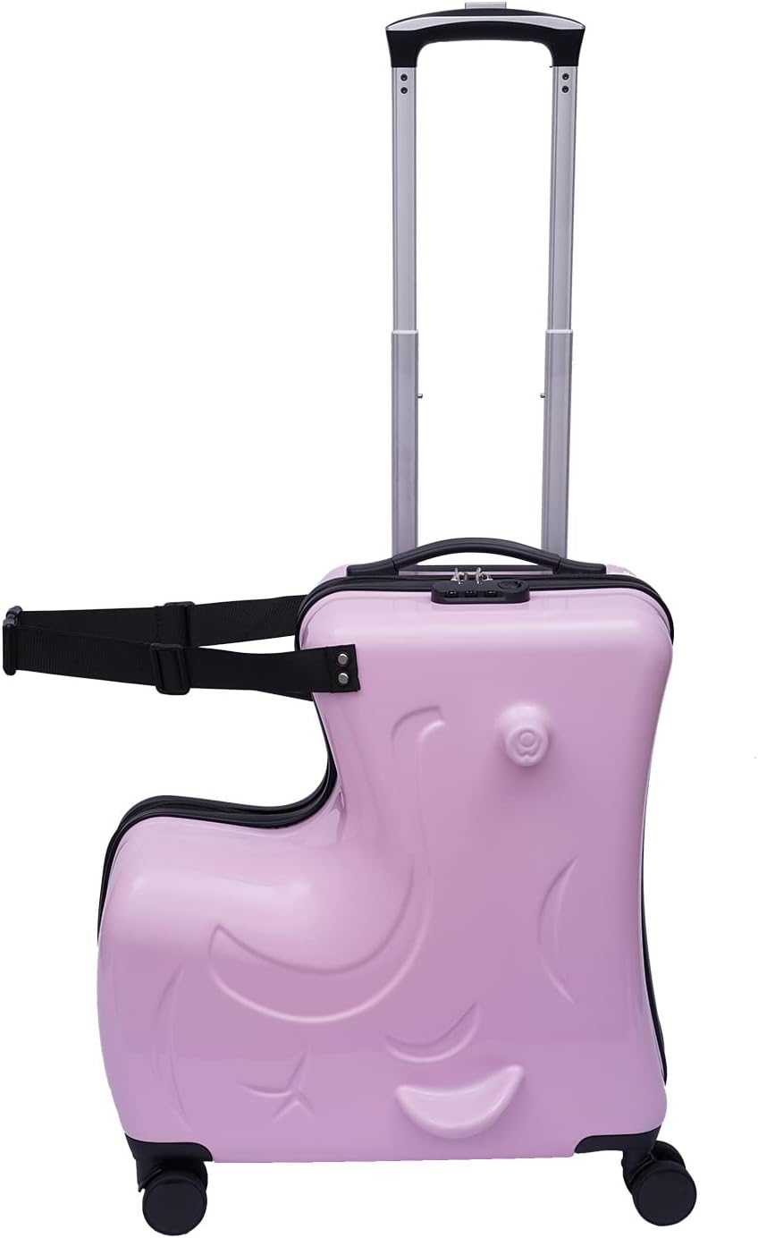 20 Inch Kid Ride-On Trolley Case, Double-Row Universal Wheels Pink Kids Luggage with 3-Digit Lock & Safety Belt for Kids Aged 3-6, Airplane Travel Compatible