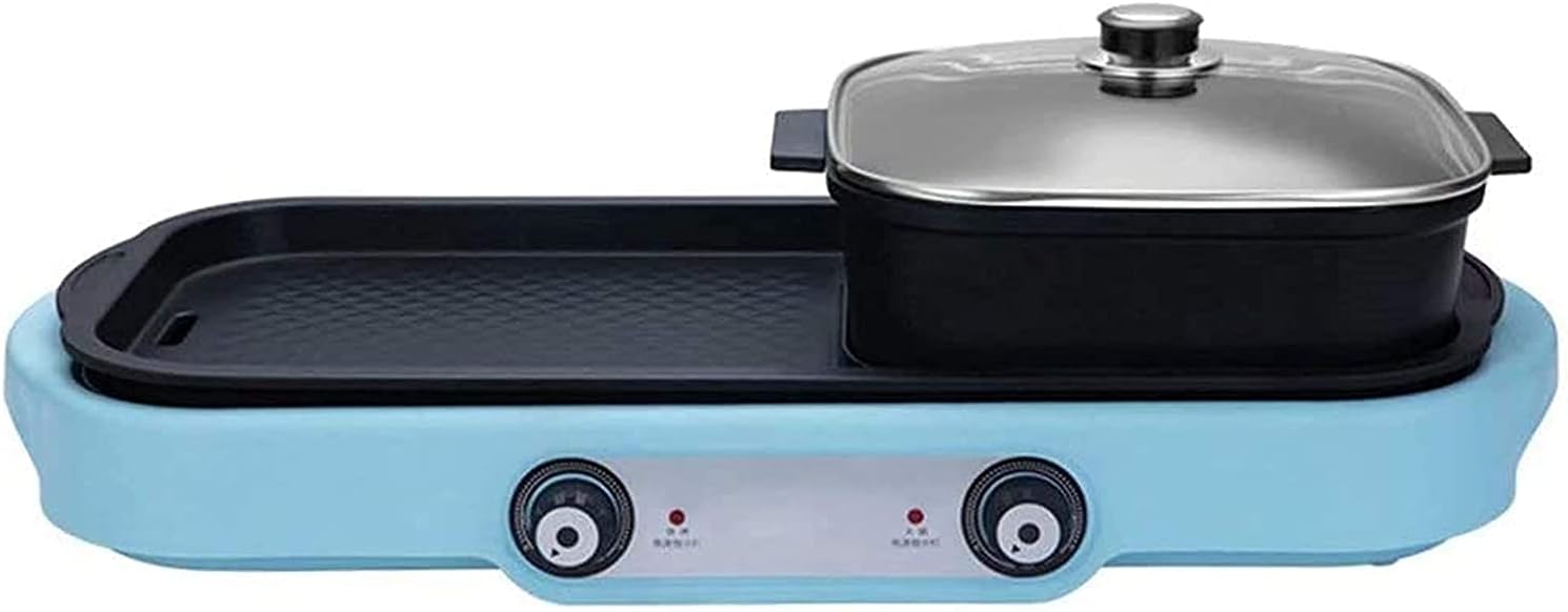 Indoor Korean Barbecue Grill BBQ Hotpot Electric Hot Pot Grill Indoor 1600W 2 in 1 Smokeless Grill and Hot Pot Korean BBQ Grill and Indoor Barbecue Grill,Blue,65 * 15Cm,Portable Nonstick Griddle
