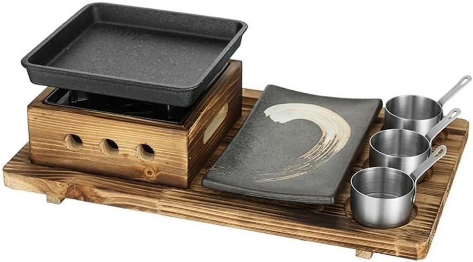 Compact Tabletop BBQ Grill Set with Wooden Stand, Portable Alcohol Barbecue Stove for Indoor Cooking, Outdoor Picnics, Camping, Small Parties(Small)