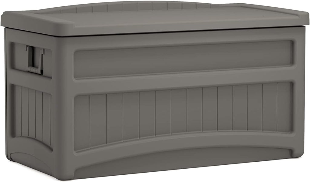 Suncast Outdoor Storage Box - 73 Gallon Stoney Resin Deck Box with Wheels, Handles, and Seat, Heavy-Duty Indoor/Outdoor Storage Bench for Patio Cushions, Shoes, Pool & Garden Gear