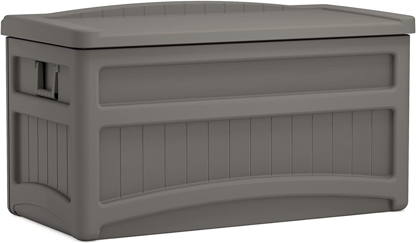 Suncast Outdoor Storage Box - 73 Gallon Stoney Resin Deck Box with Wheels, Handles, and Seat, Heavy-Duty Indoor/Outdoor Storage Bench for Patio Cushions, Shoes, Pool & Garden Gear