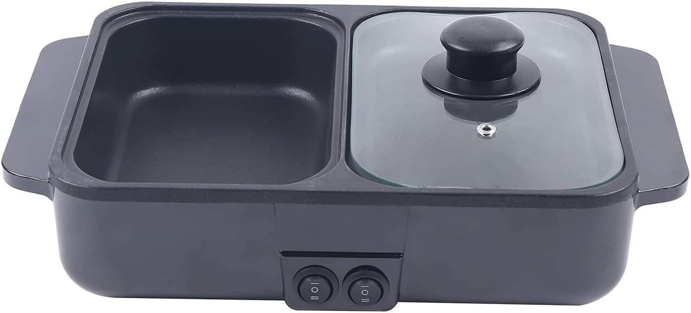 Hot Pot Electric Grill 2 in 1 Indoor Non-Stick Smokeless Grill with Dual Temperature Control, Portable Multifunctional for Korean BBQ, Serves 1-4 People