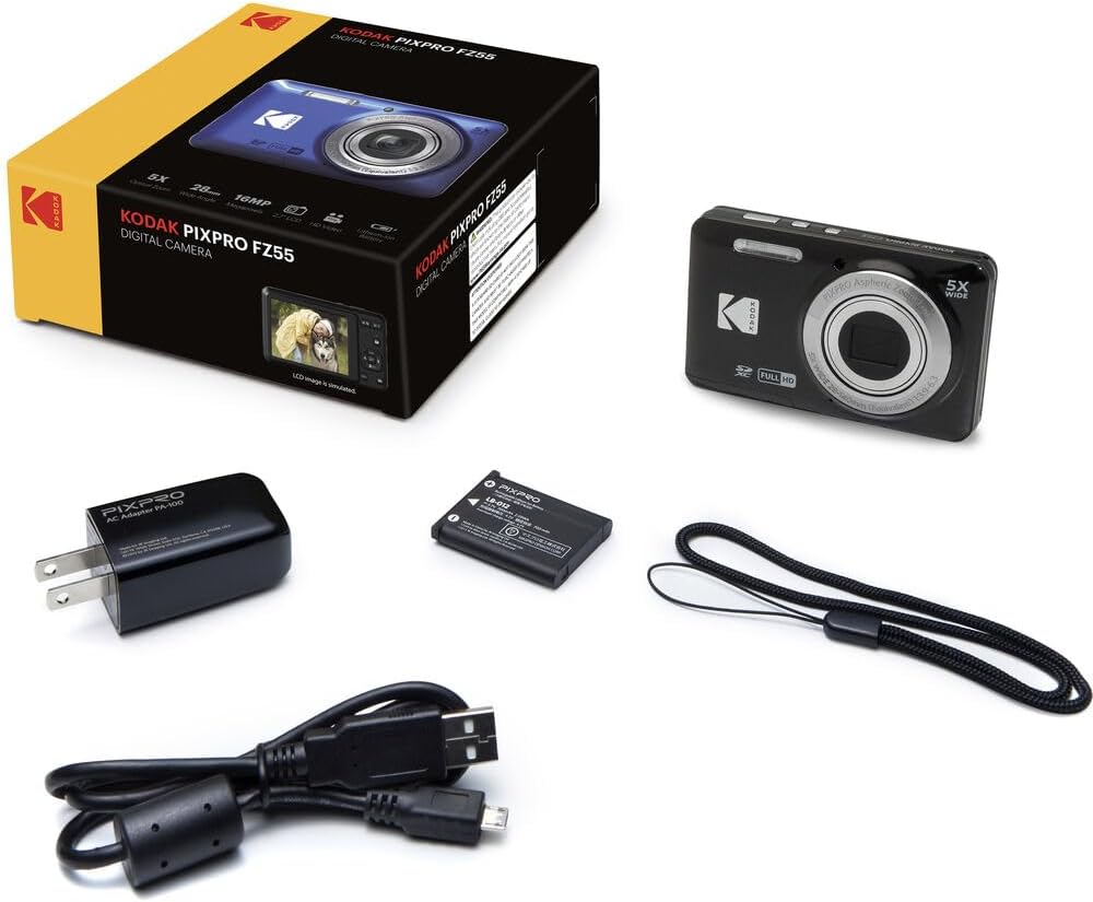 KODAK Pixpro FZ55 Digital Camera Bundle, Includes: SanDisk 64GB SDXC Memory Card, Hard Shell Camera Case, SD Card Reader and More (5 Items) (Black)