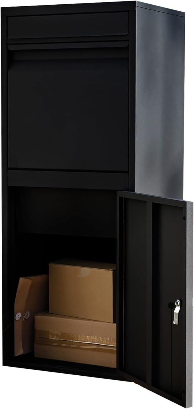 Black Mailboxes for Outside, Anti-Theft Galvanized Steel Large Package Delivery Boxes with Safety Lock, Adjustable Baffle Parcel Drop Box,Windproof and Rainproof Packages Box for front Porch