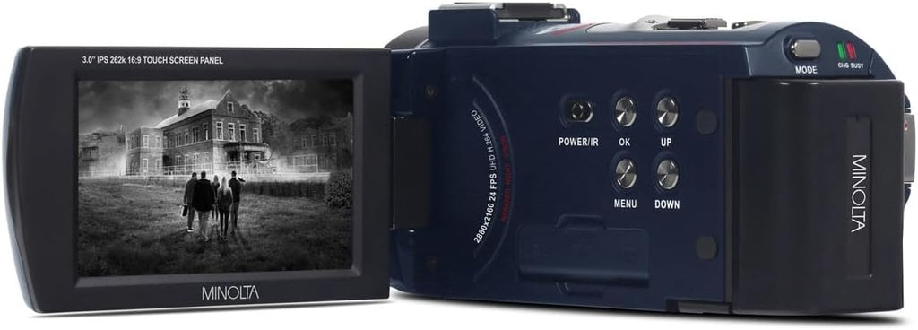 Minolta Camcorder - 4K Ultra HD, 30MP Photos, Night Vision with IR LEDs, 16X Zoom, Time-Lapse, Anti-Shake, 3' Touchscreen, HDMI USB Output, SD Slot, CMOS Sensor (Blue)