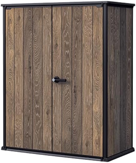 Signature Collection Vertical Outdoor Storage Shed, Weather-Resistant Resin Storage Cabinet with Double Doors & Heavy-Duty Floor, Walnut