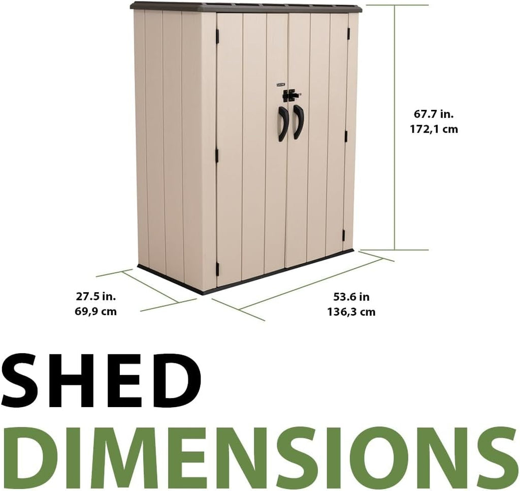 Lifetime Vertical Storage Shed, Desert Sand, Resin Outdoor Tool Shed with Lockable Doors and Weather-Resistant Panels