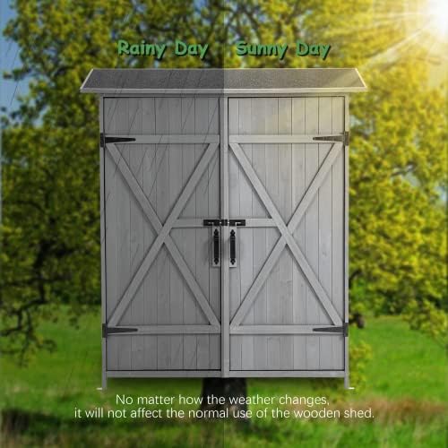 Outdoor Storage Cabinet- Garden Storage Shed- Lockable Wooden Storage Sheds Organizer for Home, Yard, Outdoor 56'L x 19.5'W x 64'H (Gray + Solid Wood)