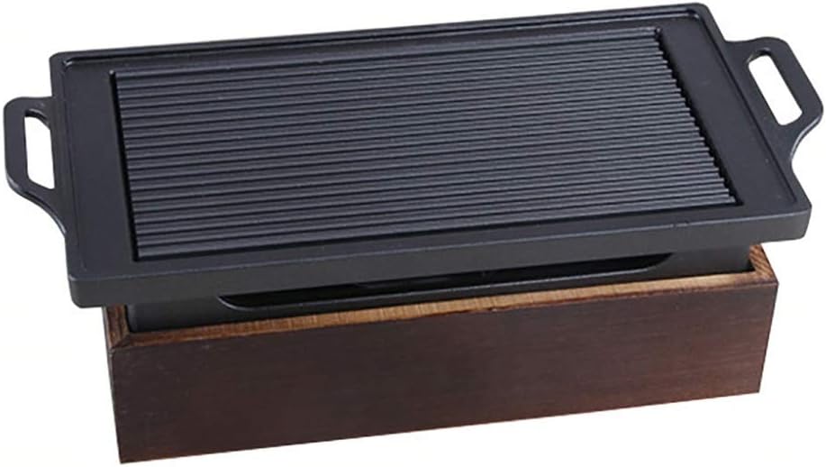 Portable BBQ Grill, Korean BBQ Grill Aluminum Alloy Maifan Stone Plate Wood Base Multiple Sizes(28cm*15cm)