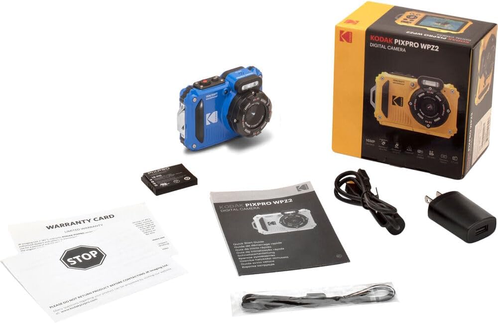 Kodak PIXPRO WPZ2 Waterproof Digital Camera Bundle, Includes: SanDisk 64GB MicroSD Memory Card, Spare Battery and More (6 Items) (Blue)