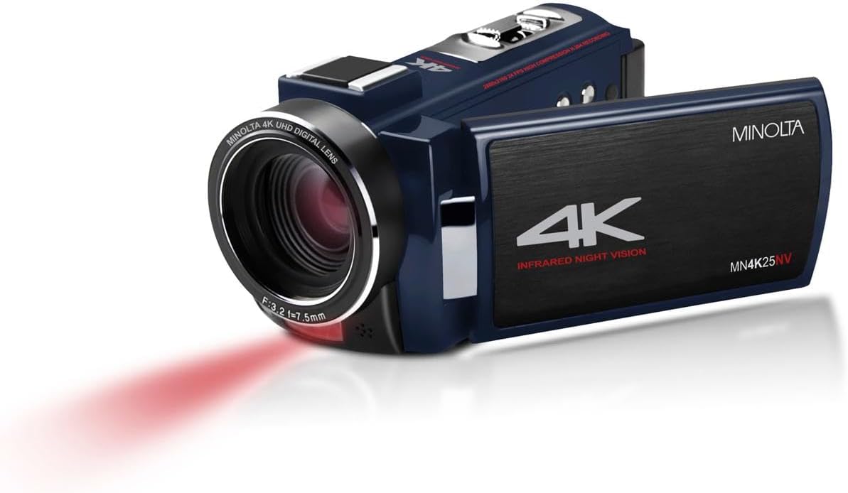 Minolta Camcorder - 4K Ultra HD, 30MP Photos, Night Vision with IR LEDs, 16X Zoom, Time-Lapse, Anti-Shake, 3' Touchscreen, HDMI USB Output, SD Slot, CMOS Sensor (Blue)