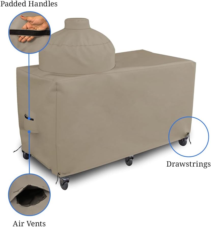 Covers & all Big Egg Grill Cover, 12 Oz Waterproof UV & Weather Resistant, PVC Coated Outdoor Cover with Air Vents & Drawstrings (72' L x 36' D x 52' H, Beige)