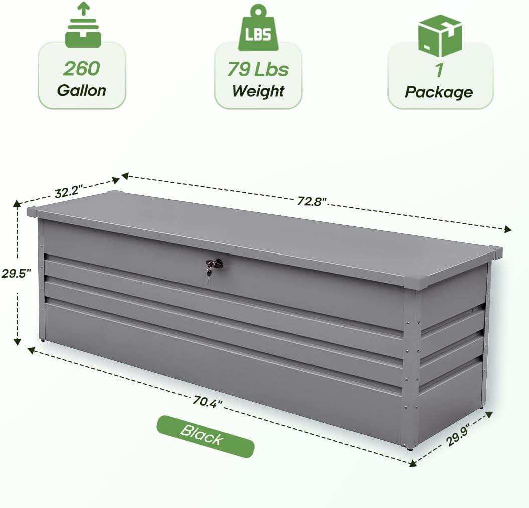 260 Gallon Waterproof Outdoor Storage Box, Extra Large Outside Metal Deck Storage Box for Patio Cushions, Garden Tools, Pool Supplies, Light Gray